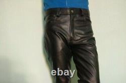 Men's Jeans Motorcycle Black Slim Fit Soft Leather Pants Cowhide Tight Trousers