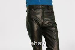 Men's Jeans Motorcycle Black Slim Fit Soft Leather Pants Cowhide Tight Trousers