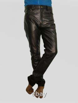 Men's Jeans Motorcycle Black Slim Fit Soft Leather Pants Cowhide Tight Trousers