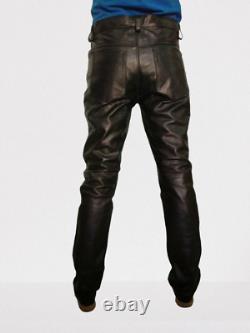 Men's Jeans Motorcycle Black Slim Fit Soft Leather Pants Cowhide Tight Trousers