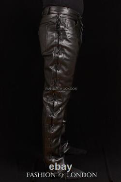 Men's LACED JEANS STYLE' Black Cowhide Real Leather Biker Trouser Pants 00126