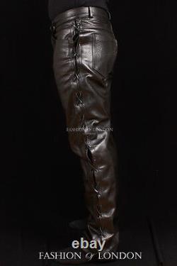 Men's LACED JEANS STYLE' Black Cowhide Real Leather Biker Trouser Pants 00126