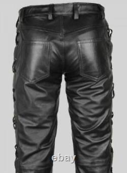 Men's Lace Up Pants Real Leather Sides & Front Laces Up Motorcycle Biker Trouser
