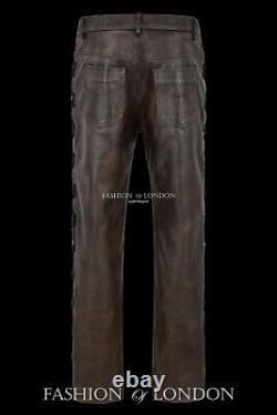 Men's Leather Biker Trouser LACED JEANS STYLE' Black Bronze Cowhide Pants 00126