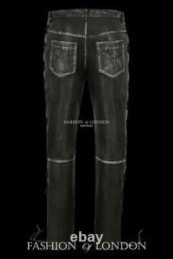 Men's Leather Biker Trouser LACED JEANS STYLE' Black Vintage Napa Pants 00126