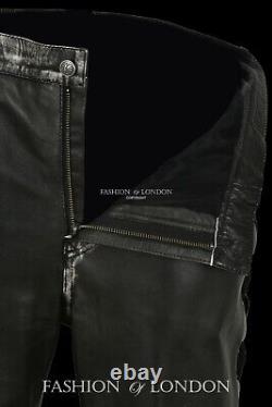 Men's Leather Biker Trouser LACED JEANS STYLE' Black Vintage Napa Pants 00126