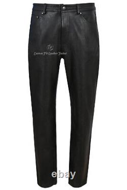 Men's Leather Pants Biker Trouser Black Jeans Style Strong Cowhide Leather 501