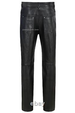 Men's Leather Pants Biker Trouser Black Jeans Style Strong Cowhide Leather 501