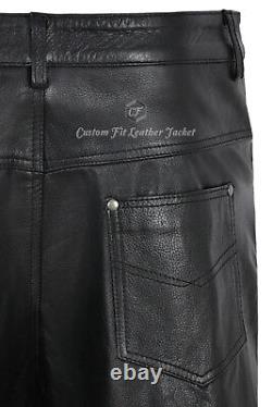 Men's Leather Pants Biker Trouser Black Jeans Style Strong Cowhide Leather 501