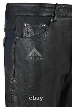Men's Leather Pants Biker Trouser Black Strong Cowhide Leather Jeans Trouser 501