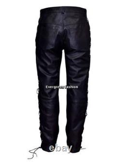 Men's Leather Pants Biker Trouser Black Strong Cowhide Leather Laced Trouser 501