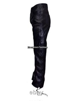 Men's Leather Pants Biker Trouser Black Strong Cowhide Leather Laced Trouser 501