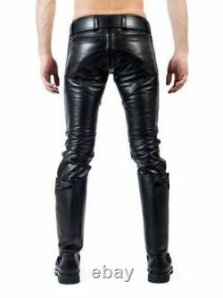 Men's Leather Pants Double Zip Jean Trousers Breeches Cuir lederhosen Lederjeans
