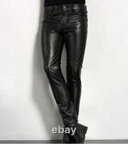 Men's Leather Pants Jeans Thigh fit Trouser Lederhosen Schwarz Cuir Bikers Gay