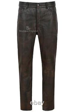 Men's Leather Pants Trousers Black Bronze Jeans Biker Cowhide Leather Bottom 501