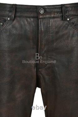 Men's Leather Pants Trousers Black Bronze Jeans Biker Cowhide Leather Bottom 501