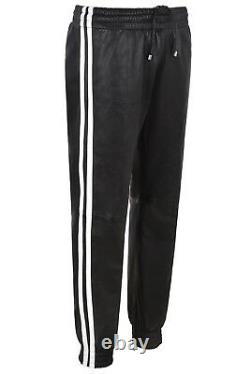 Men's Leather Trouser Black With White Straps Soft Napa Jogging Bottom 4051