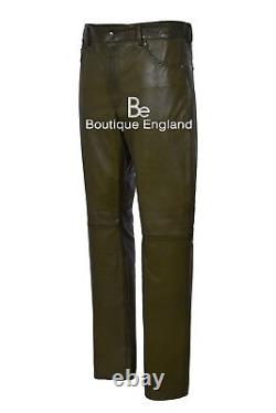 Men's Leather Trouser Motorcycle Olive Green Lambskin Leather Jean Style 501