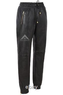 Men's Leather Trousers Black Napa Sweat Track Pant Zip Jogging Bottom 3040