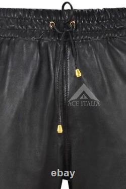 Men's Leather Trousers Black Napa Sweat Track Pant Zip Jogging Bottom 3040
