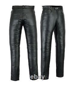 Men's Motorcycle Motorbike Jeans Biker Pants trouser Cow Plain Leather Black