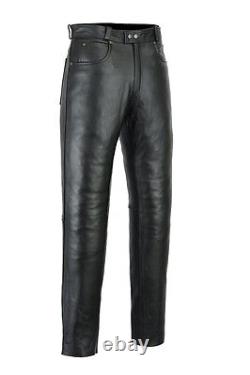 Men's Motorcycle Motorbike Jeans Biker Pants trouser Cow Plain Leather Black