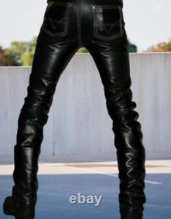 Men, s Motorcycle White Stitches Premium Cow Plain Leather Pants Biker Jeans