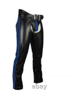 Men's Real Bikers Chaps Leather Chaps Blue Stripes Leather Gay Chaps With Jockst