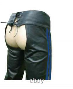 Men's Real Bikers Chaps Leather Chaps Blue Stripes Leather Gay Chaps With Jockst