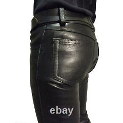 Men's Real Black Cowhide Leather Bikers Style Front Quilted Panel Pants