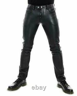 Men's Real Cow Leather Biker Pant 501 Levi's Style Pant Slim Fit Jeans Trousers
