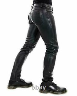 Men's Real Cow Leather Biker Pant 501 Levi's Style Pant Slim Fit Jeans Trousers