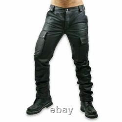 Men's Real Cowhide Black Leather Cargo Pant With side Cargo Pockets