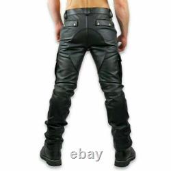 Men's Real Cowhide Black Leather Cargo Pant With side Cargo Pockets