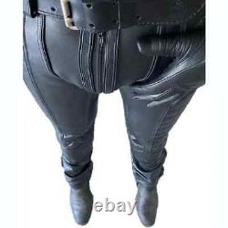 Men's Real Cowhide Black Leather Pants Padded BLUF Breeches Biker Party Trousers