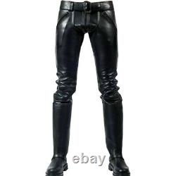 Men's Real Cowhide Leather Double Zips Stylish Biker Pant Leder Breeches Trouser