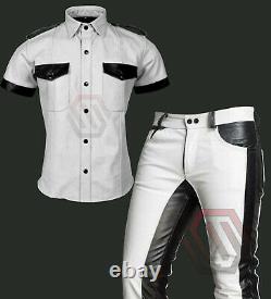 Men's Real Cowhide Leather Full Police Military Style White & Black Uniform