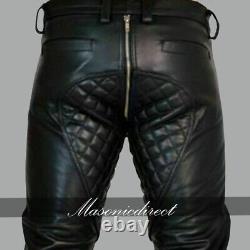 Men's Real Cowhide Leather Pants Double Zips Pants Gay BLUF Breeches Leder Jeans