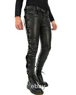 Men's Real Leather Bikers Pants Laces Up Bikers Pants Side Laces Leather Pants