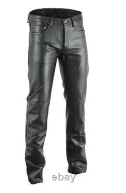 Men's Real Leather Bikers Pants Levis 501 Style Leather Pants Bikers Pants Black