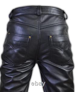 Men's Real Leather Bikers Pants Levis 501 Style Leather Pants Bikers Pants Black