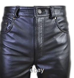 Men's Real Leather Bikers Pants Levis 501 Style Leather Pants Bikers Pants Black