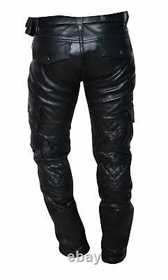 Men's Real Leather Bikers Pants With Quilted Panels Cargo Pockets Trousers Pant