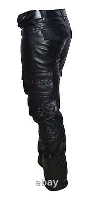 Men's Real Leather Bikers Pants With Quilted Panels Cargo Pockets Trousers Pant