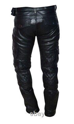 Men's Real Leather Black Pants Cargo Trousers Biker Fit Trousers Motorbike Pants