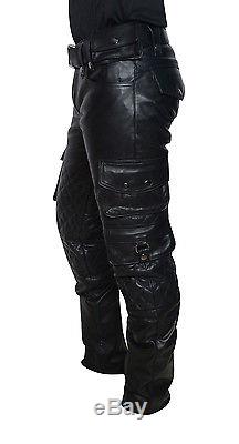 Men's Real Leather Cargo Quilted Panels Pants Bikers Cargo Pants+FREE BELT