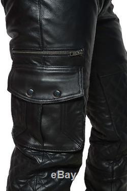 Men's Real Leather Cargo Quilted Panels Pants Bikers Cargo Pants+FREE BELT