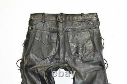 Men's Real Leather Lace Up Biker Motorcycle Black Trousers Pants Size W30 L30