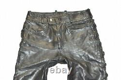 Men's Real Leather Lace Up Biker Motorcycle Black Trousers Pants Size W32 L31