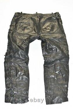 Men's Real Leather Lace Up Biker Motorcycle Black Trousers Pants Size W38 L28